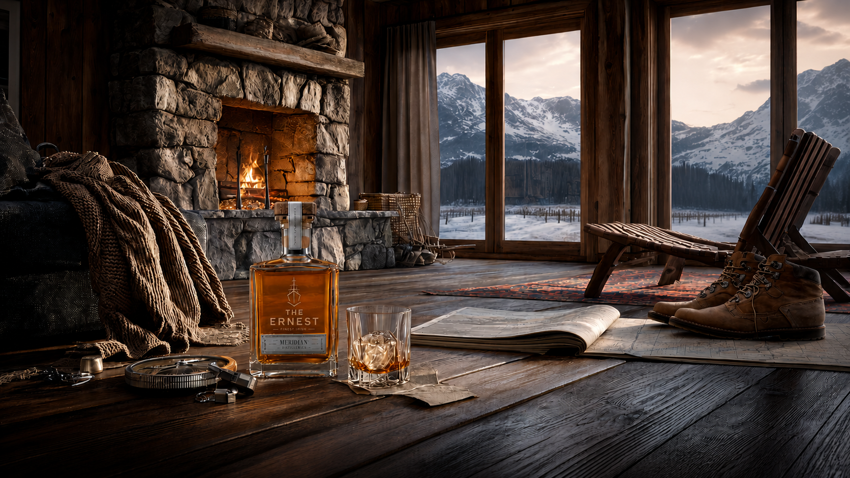 The Ernest whiskey bottle and glass beside a roaring stone fireplace in a mountain lodge with snow-capped peaks through the windows