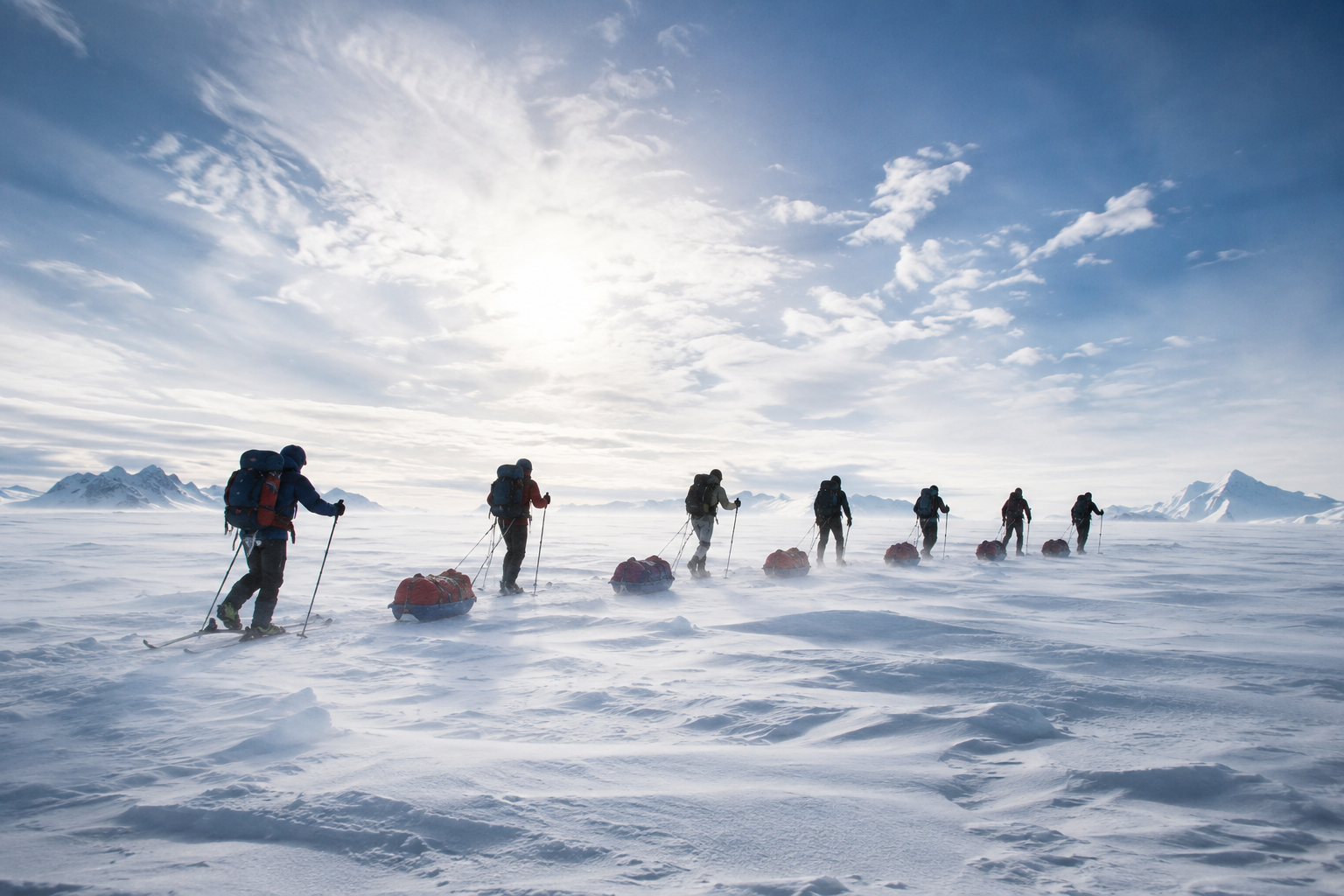 A line of polar expedition members skiing across a vast snowy plain under a bright sun, each pulling a loaded pulk